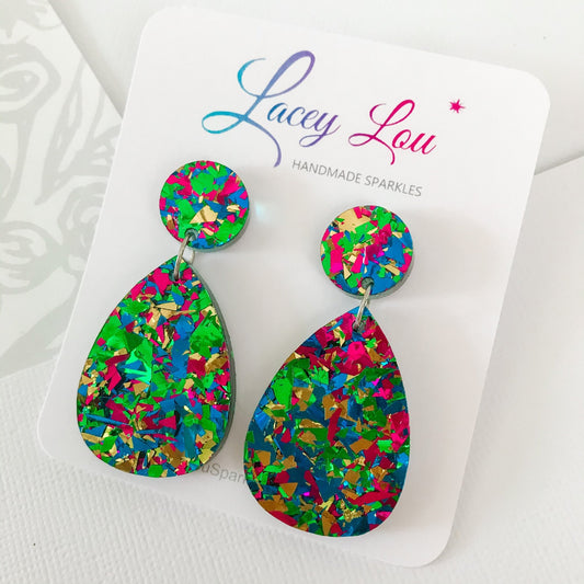 Medium Teardrop Dangle - Party Green Glitter Acrylic Earrings - Lacey Lou Sparkles