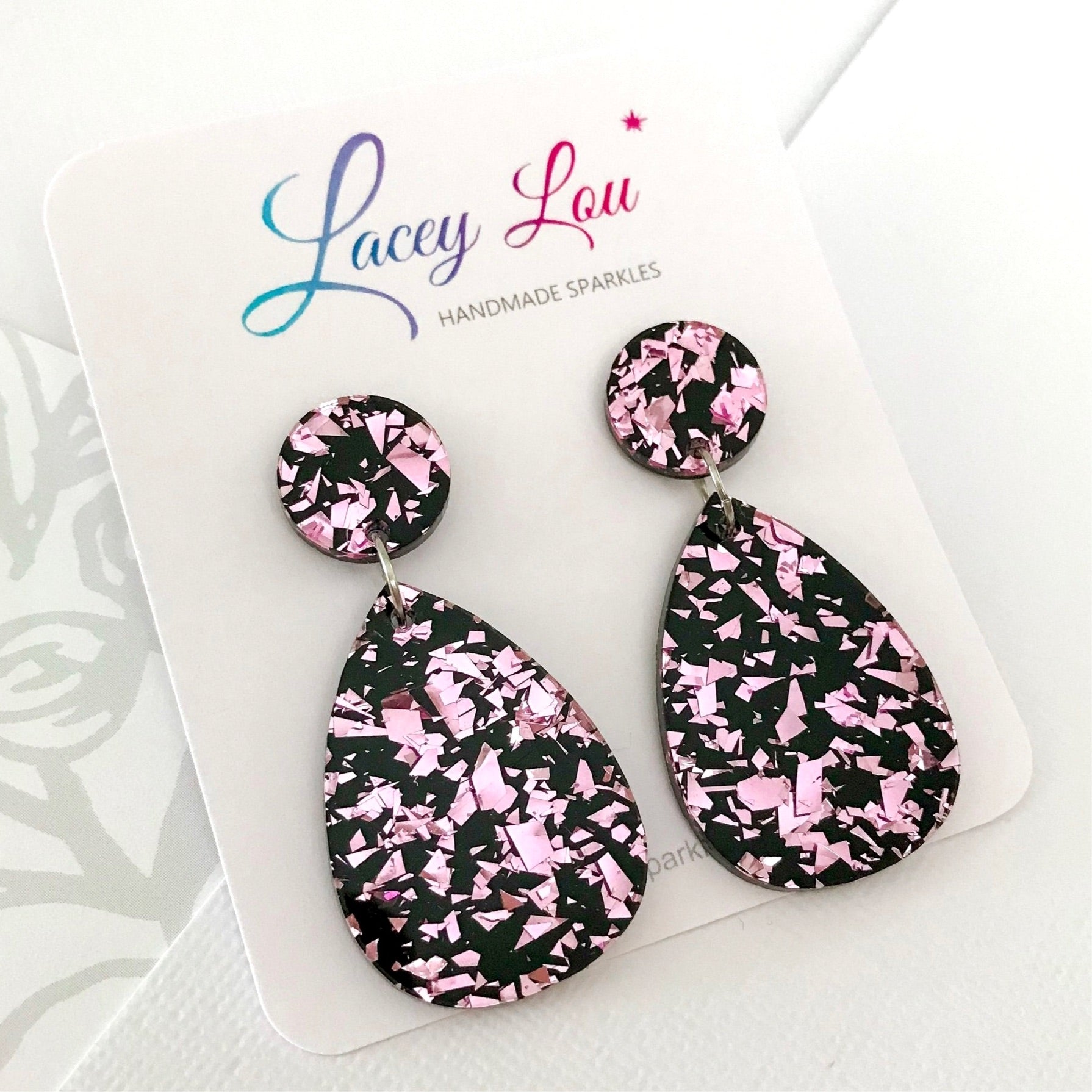 Medium Teardrop Dangle - Pink Glitter Acrylic Earrings - Lacey Lou Sparkles