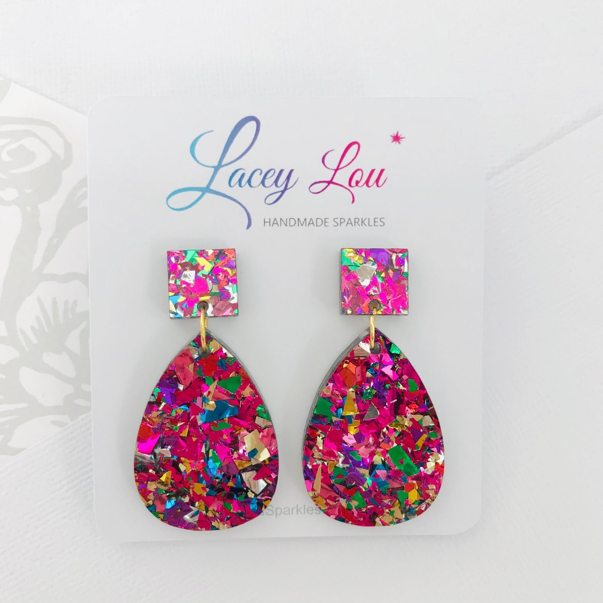 Medium Teardrop Dangle - Rainbow Glitter Acrylic Earrings - Lacey Lou Sparkles