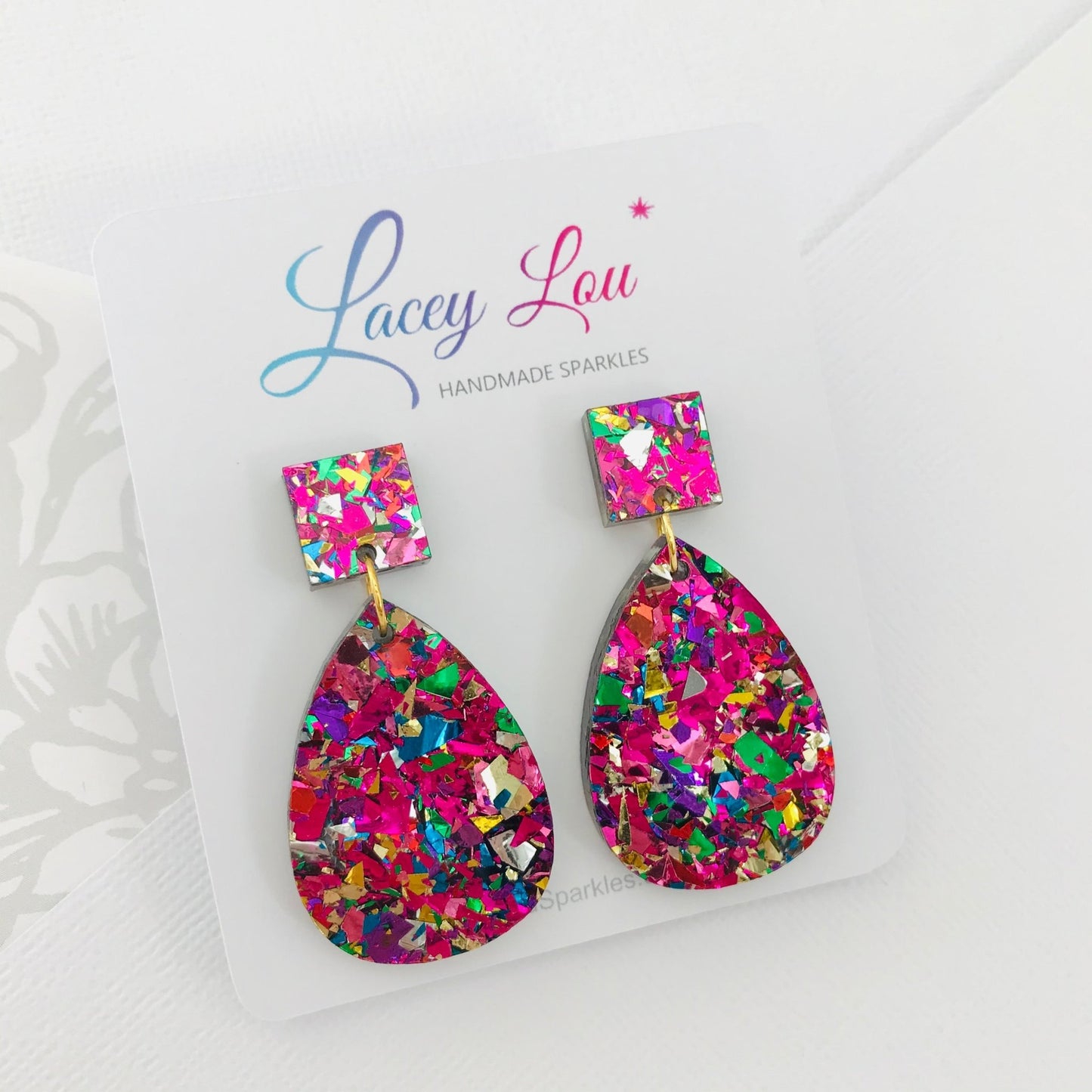 Medium Teardrop Dangle - Rainbow Glitter Acrylic Earrings - Lacey Lou Sparkles
