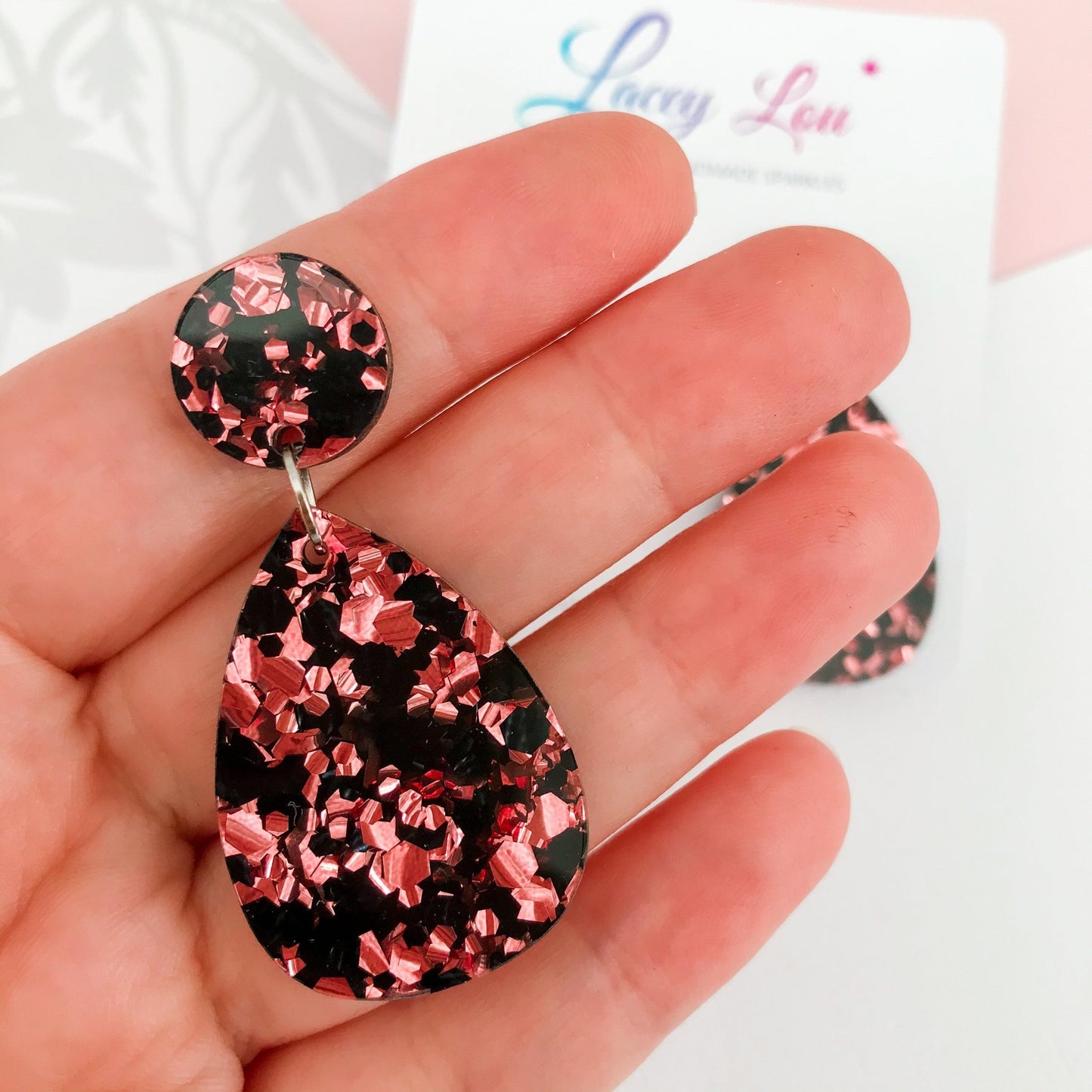 Medium Teardrop Dangle - Rose Gold and Black Glitter Acrylic Earring - Lacey Lou Sparkles