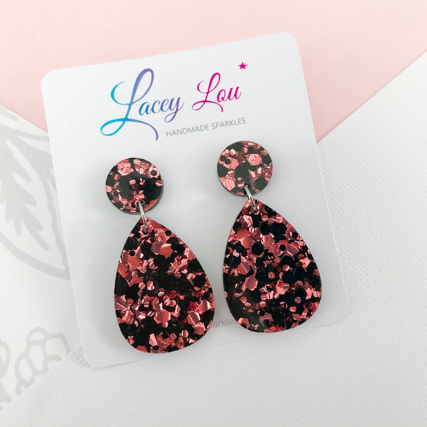 Medium Teardrop Dangle - Rose Gold and Black Glitter Acrylic Earring - Lacey Lou Sparkles