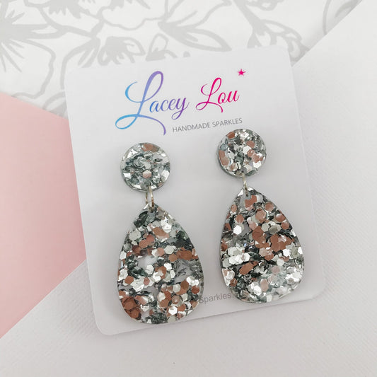 Medium Teardrop Dangle - Silver Glitter Acrylic Earrings - Lacey Lou Sparkles