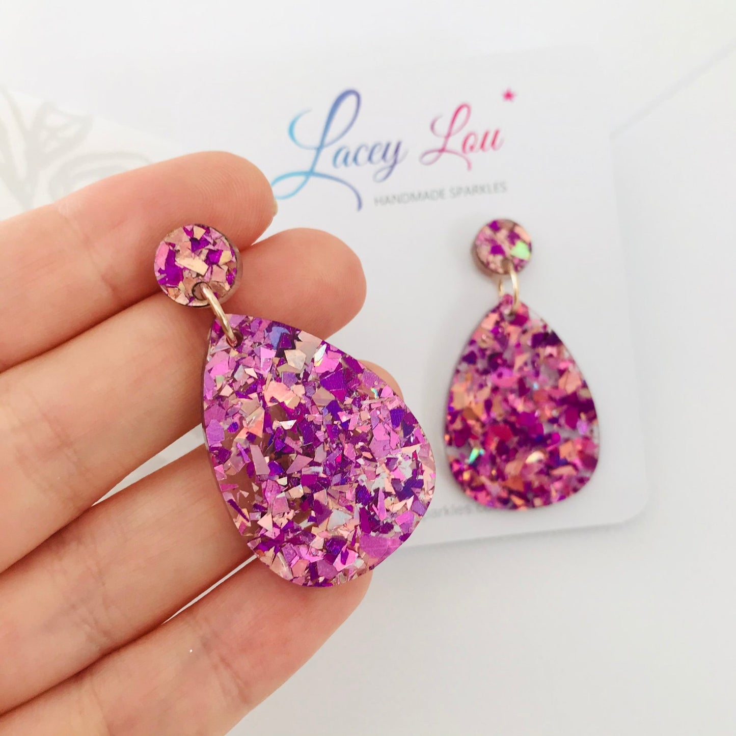 Medium Teardrop Dangle - Unicorn Pink Acrylic Earrings - Lacey Lou Sparkles