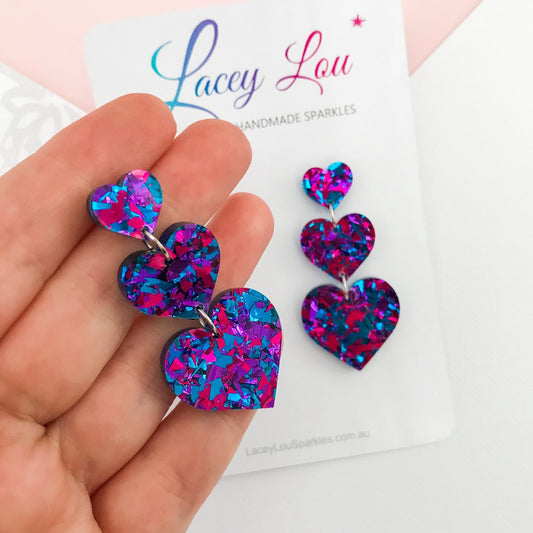 Midnight Blue Stacked Love Heart Earrings - Lacey Lou Sparkles