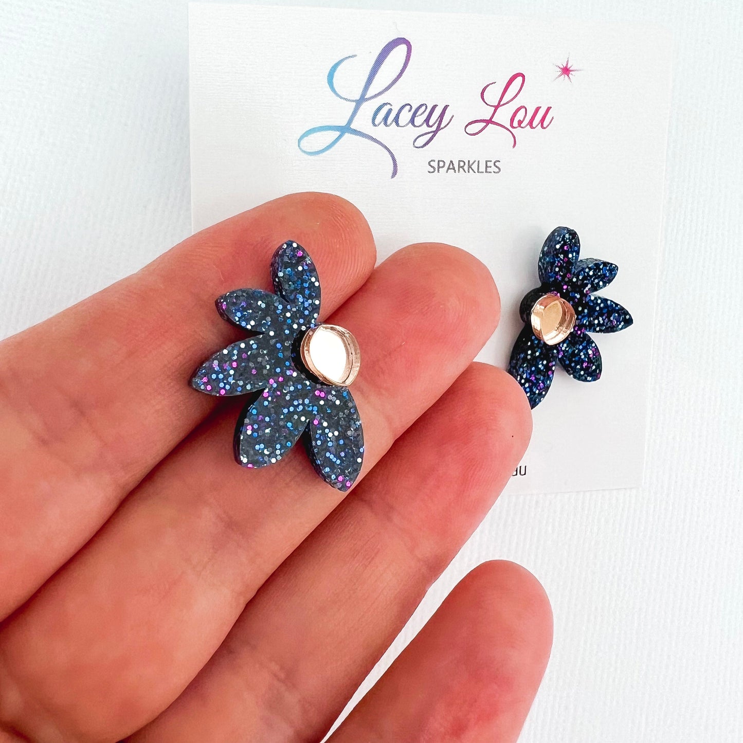 Navy Blue Glitter Bloom Acrylic Studs - Lacey Lou Sparkles