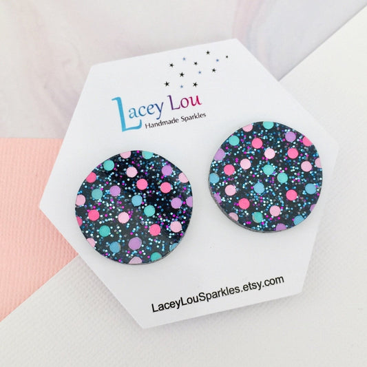 Navy Blue Glitter Dotty Acrylic Studs - Hand Painted - Lacey Lou Sparkles