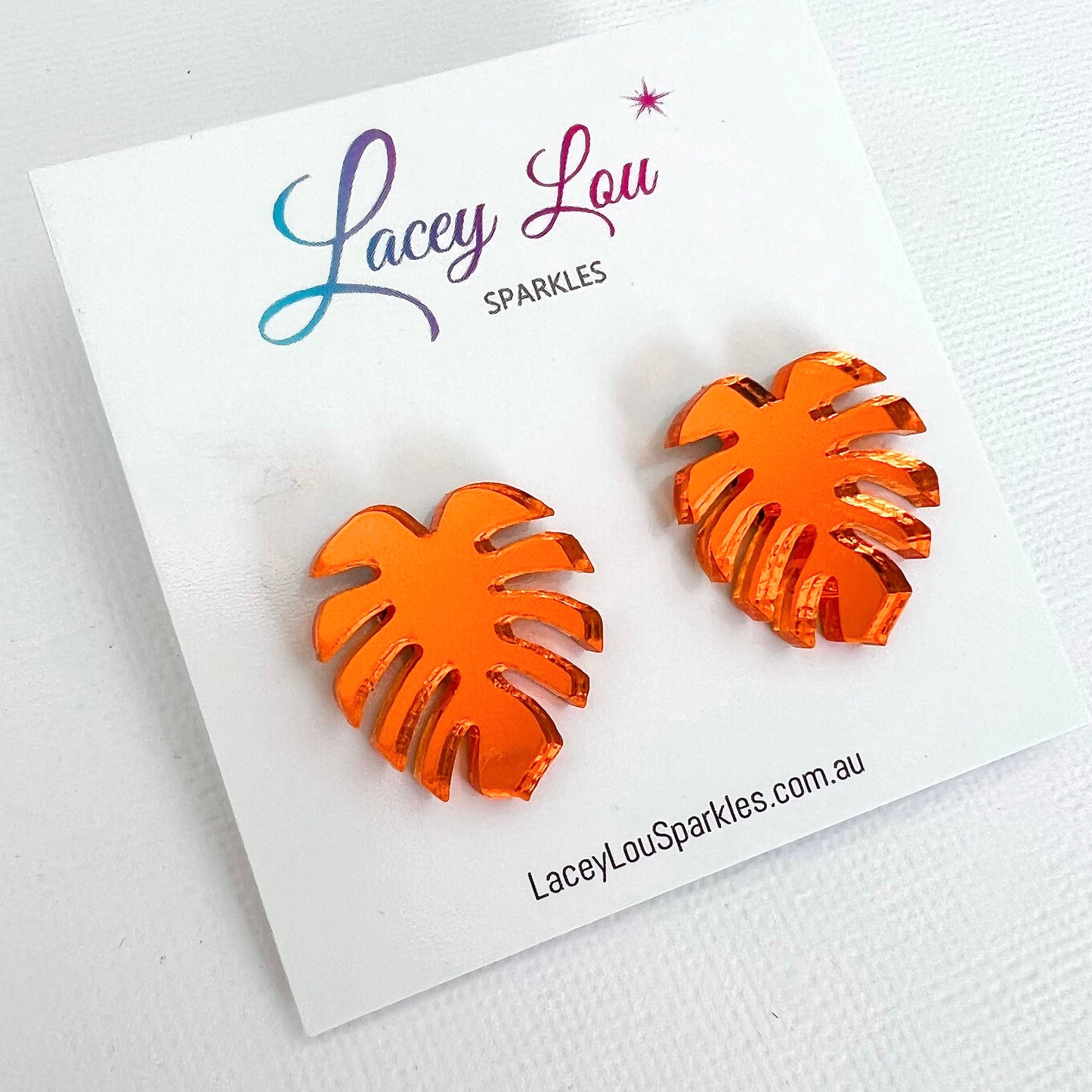 Orange Mirror Monstera Acrylic Studs - Lacey Lou Sparkles