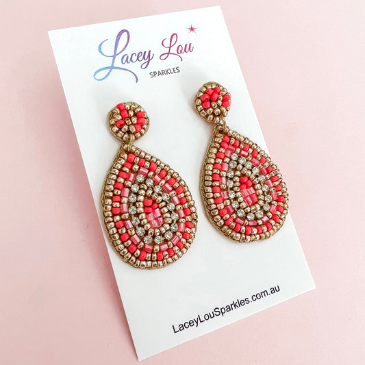 Paris Beaded Small Teardrop - Coral Red - Lacey Lou Sparkles