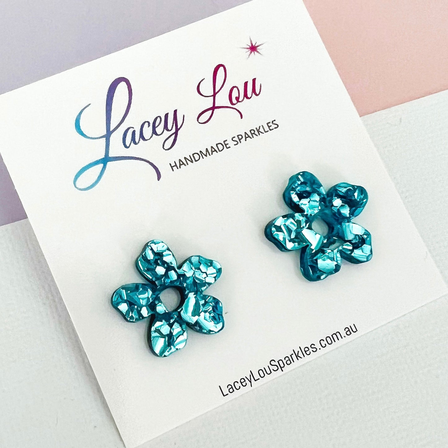 Petite Acrylic Flower Studs - Blue Chunky Glitter - Lacey Lou Sparkles