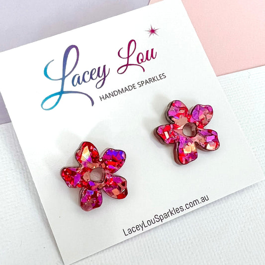 Petite Acrylic Flower Studs - Rose Glitter - Lacey Lou Sparkles