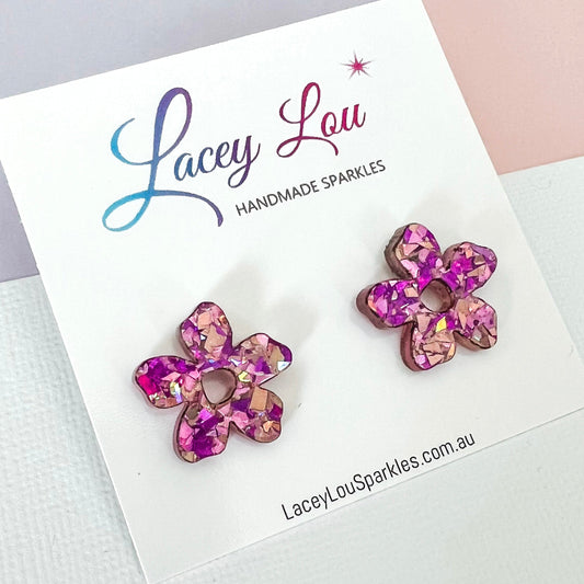 Petite Acrylic Flower Studs - Unicorn Pink Glitter - Lacey Lou Sparkles