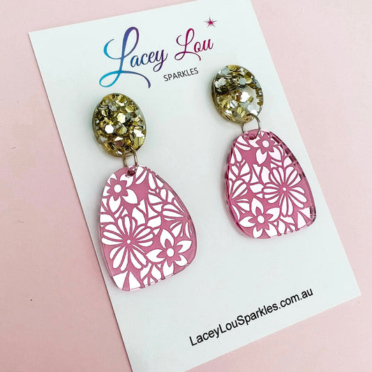 Pink Mirror Floral Abstract Dangles - Lacey Lou Sparkles