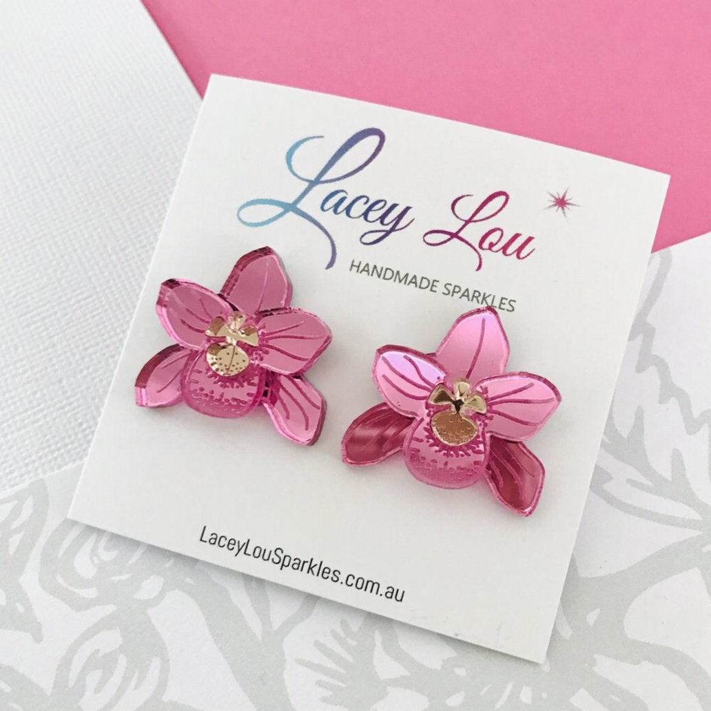 Pink Mirror Orchid Studs - Acrylic Earrings - Lacey Lou Sparkles