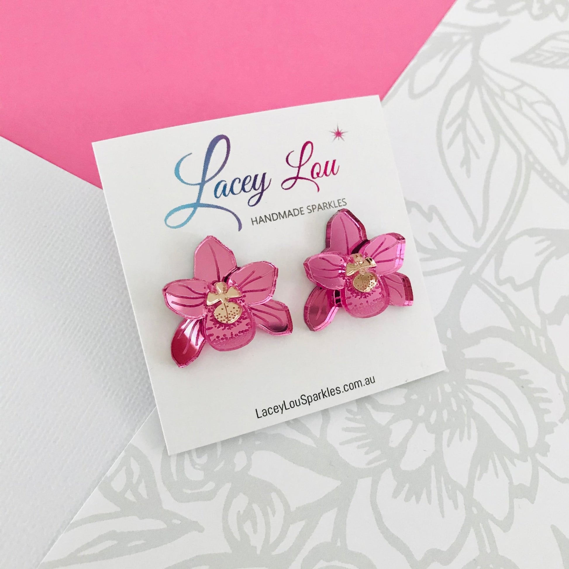 Pink Mirror Orchid Studs - Acrylic Earrings - Lacey Lou Sparkles