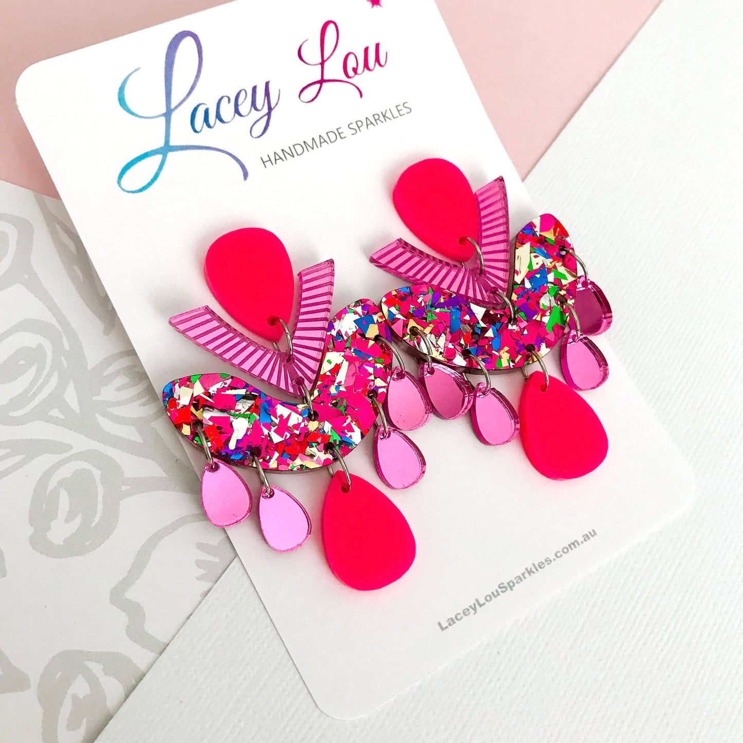 Pink Multicolour Chandelier Dangles - Statement Acrylic Earrings - Lacey Lou Sparkles