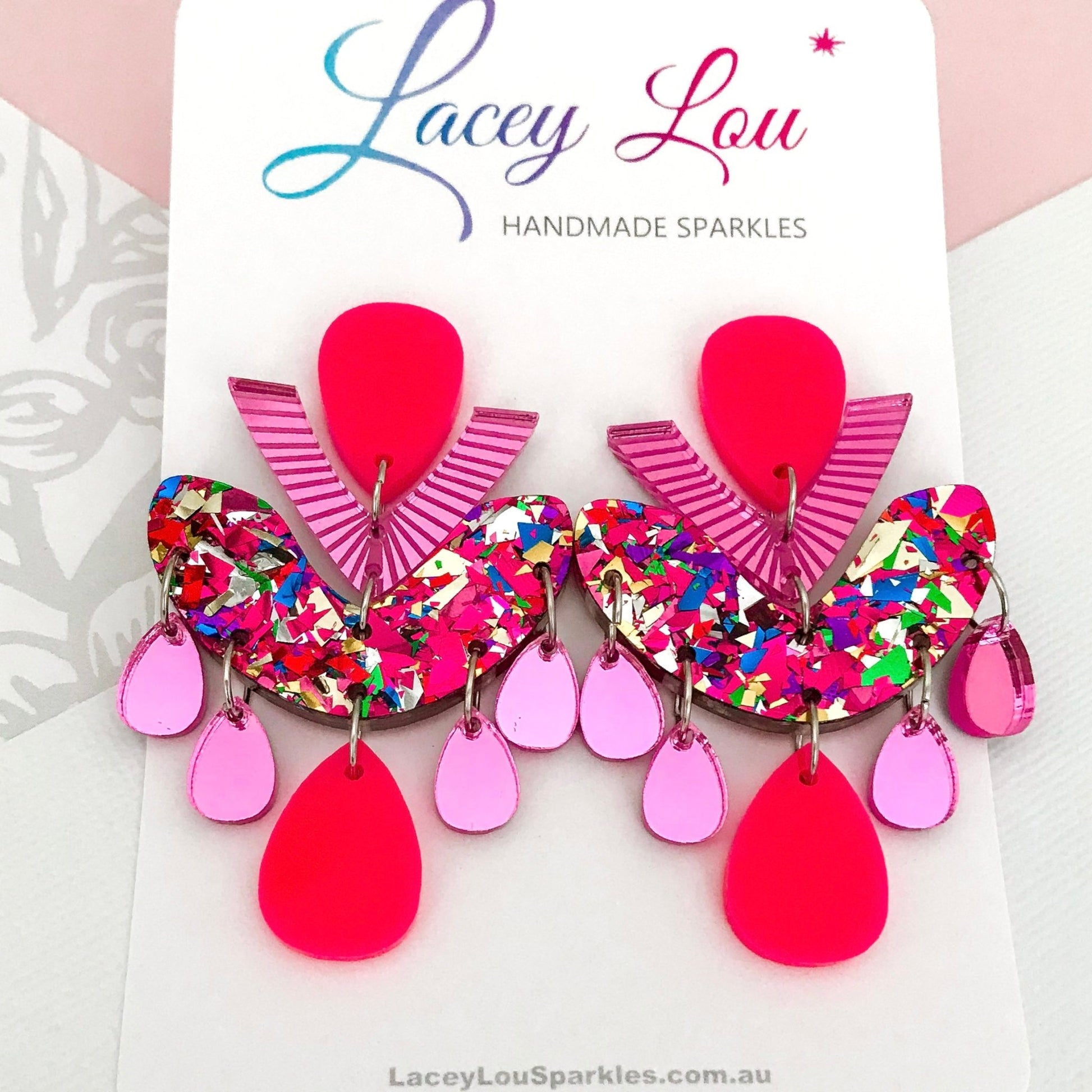 Pink Multicolour Chandelier Dangles - Statement Acrylic Earrings - Lacey Lou Sparkles