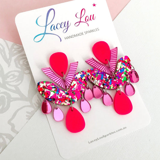 Pink Multicolour Chandelier Dangles - Statement Acrylic Earrings - Lacey Lou Sparkles