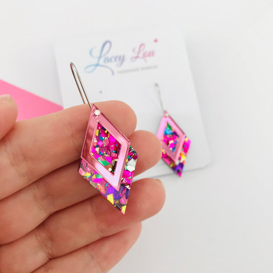 Rainbow Diamond Dangle Acrylic Earrings - Lacey Lou Sparkles