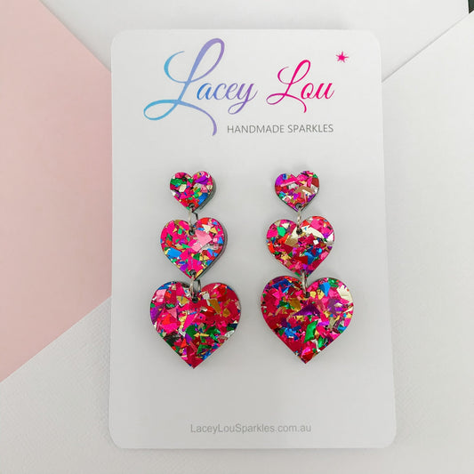 Rainbow Heart Dangles - Rainbow Acrylic Earrings - Lacey Lou Sparkles