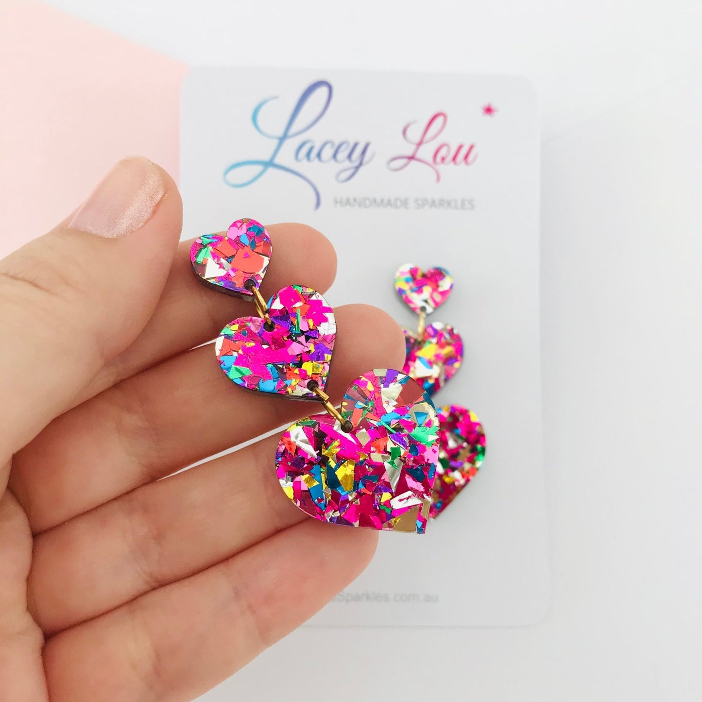 Rainbow Heart Dangles - Rainbow Acrylic Earrings - Lacey Lou Sparkles