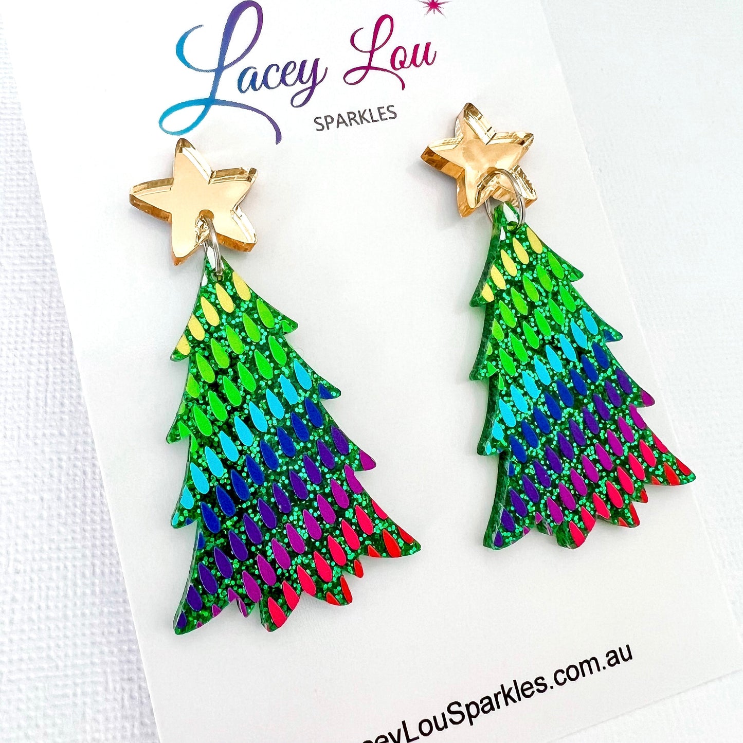 Rainbow Ombré Lights Christmas Tree Earrings - Lacey Lou Sparkles