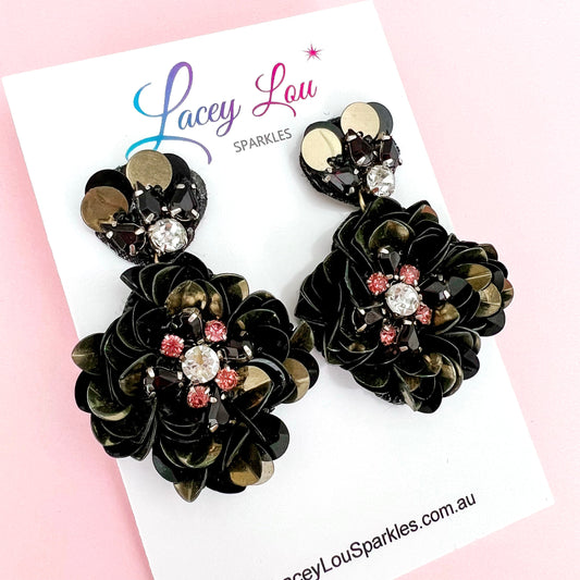 Rebecca Black Sequin Beaded Statement Flower Earrings - Lacey Lou Sparkles