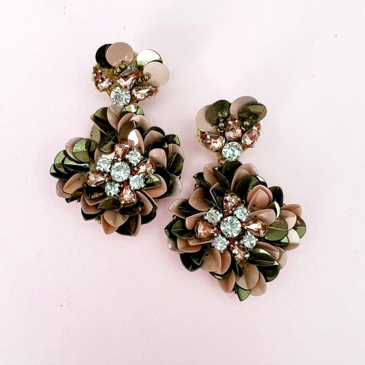 Rebecca Champagne Sequin Beaded Statement Flower Earrings - Lacey Lou Sparkles