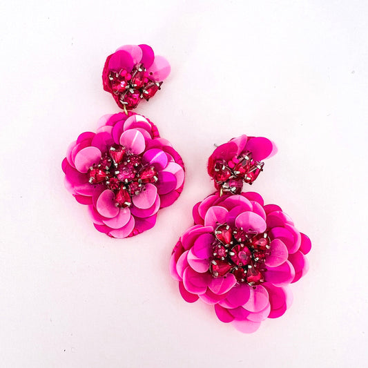 Rebecca Fuchsia Pink Sequin Beaded Statement Flower Earrings - Lacey Lou Sparkles