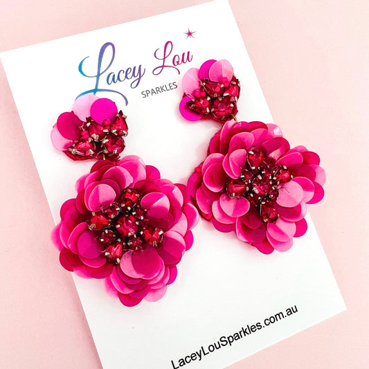 Rebecca Fuchsia Pink Sequin Beaded Statement Flower Earrings - Lacey Lou Sparkles