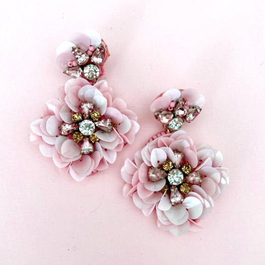 Rebecca Pastel Pink Sequin Beaded Statement Flower Earrings - Lacey Lou Sparkles