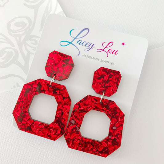 Red Glitter Abstract Statement Acrylic Earrings - Lacey Lou Sparkles