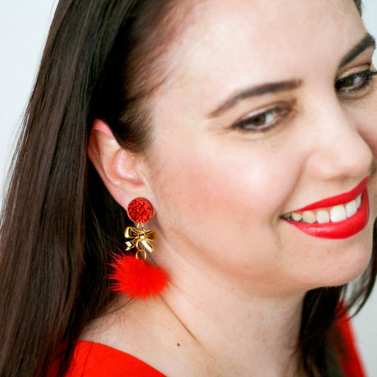 Red Pom Pom Christmas Dangle Earrings - Lacey Lou Sparkles