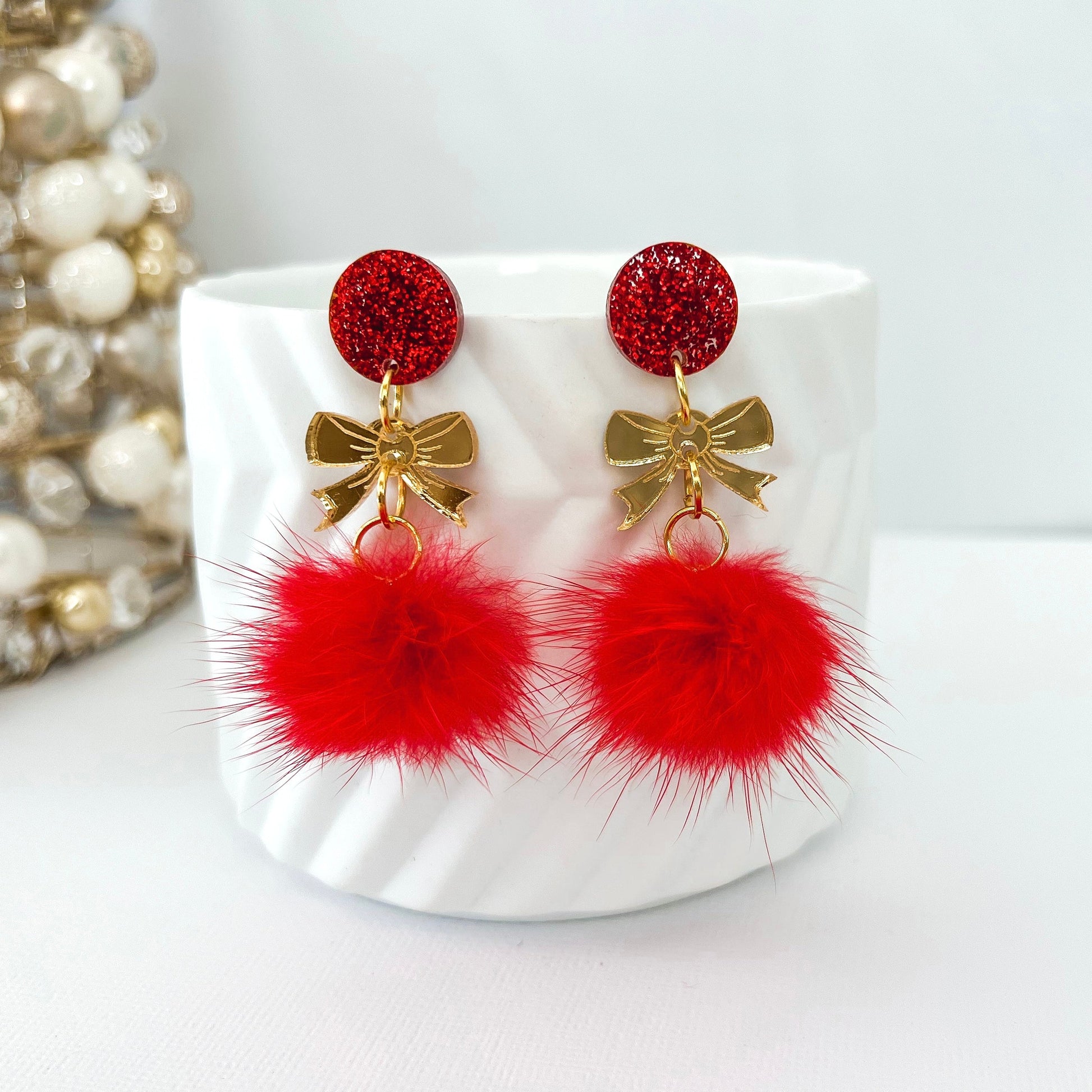 Red Pom Pom Christmas Dangle Earrings - Lacey Lou Sparkles