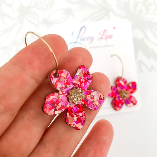 Rose Glitter Flower Hoops - Lacey Lou Sparkles