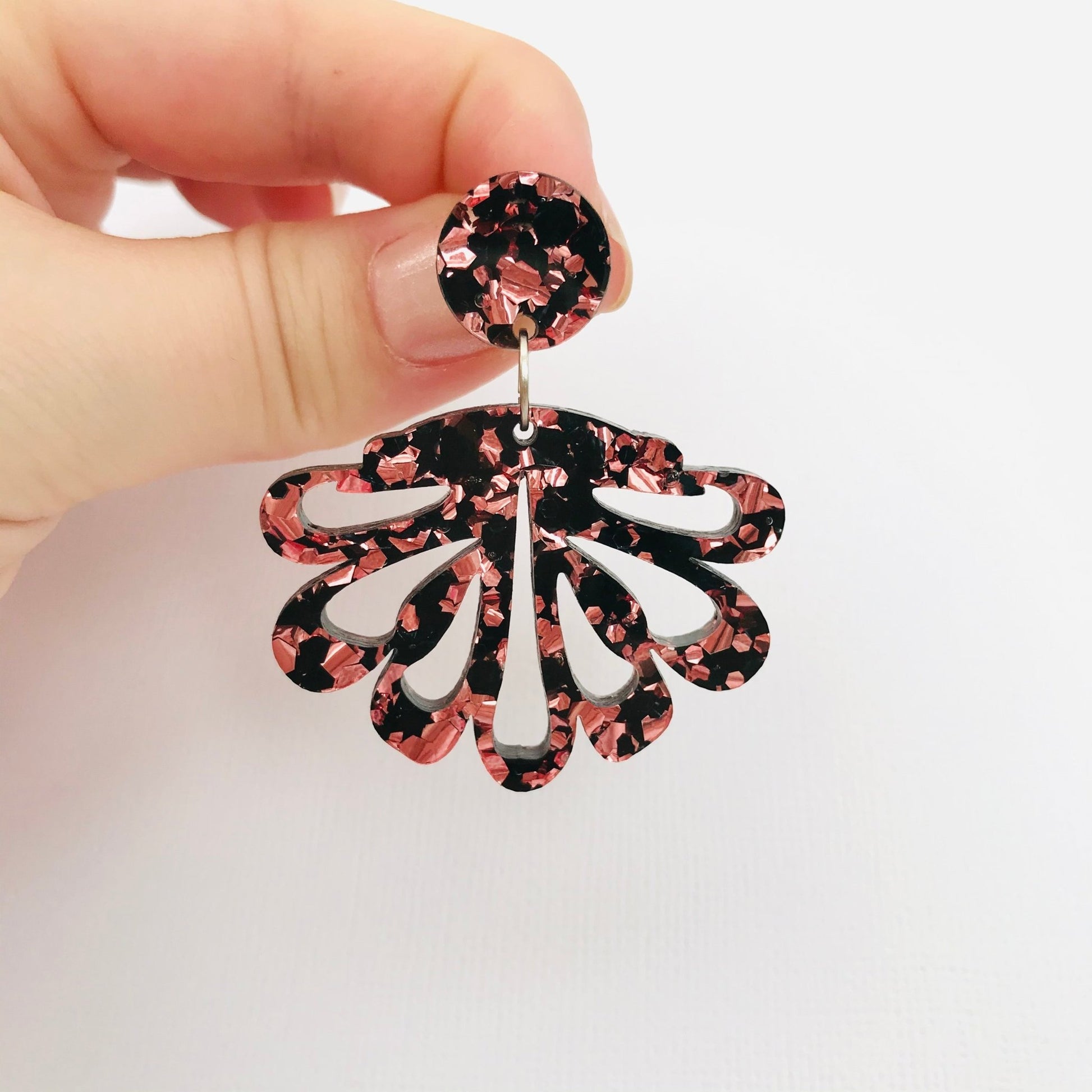 Rose Gold and Black Chandelier Dangles - Statement Acrylic Earrings - Lacey Lou Sparkles
