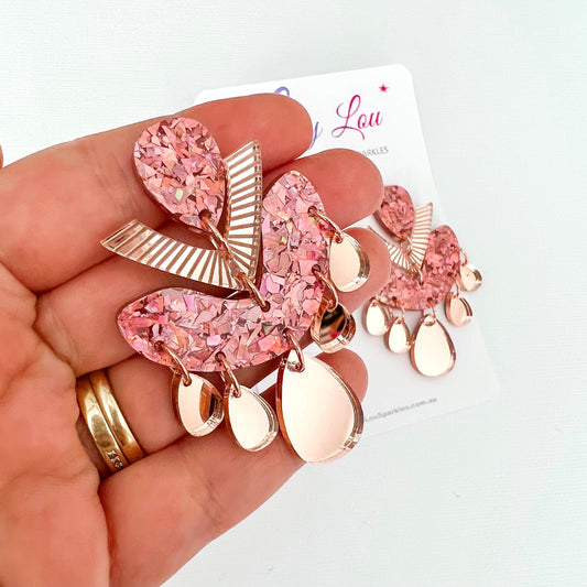 Rose Gold Chandelier Dangles - Statement Acrylic Earrings - Lacey Lou Sparkles