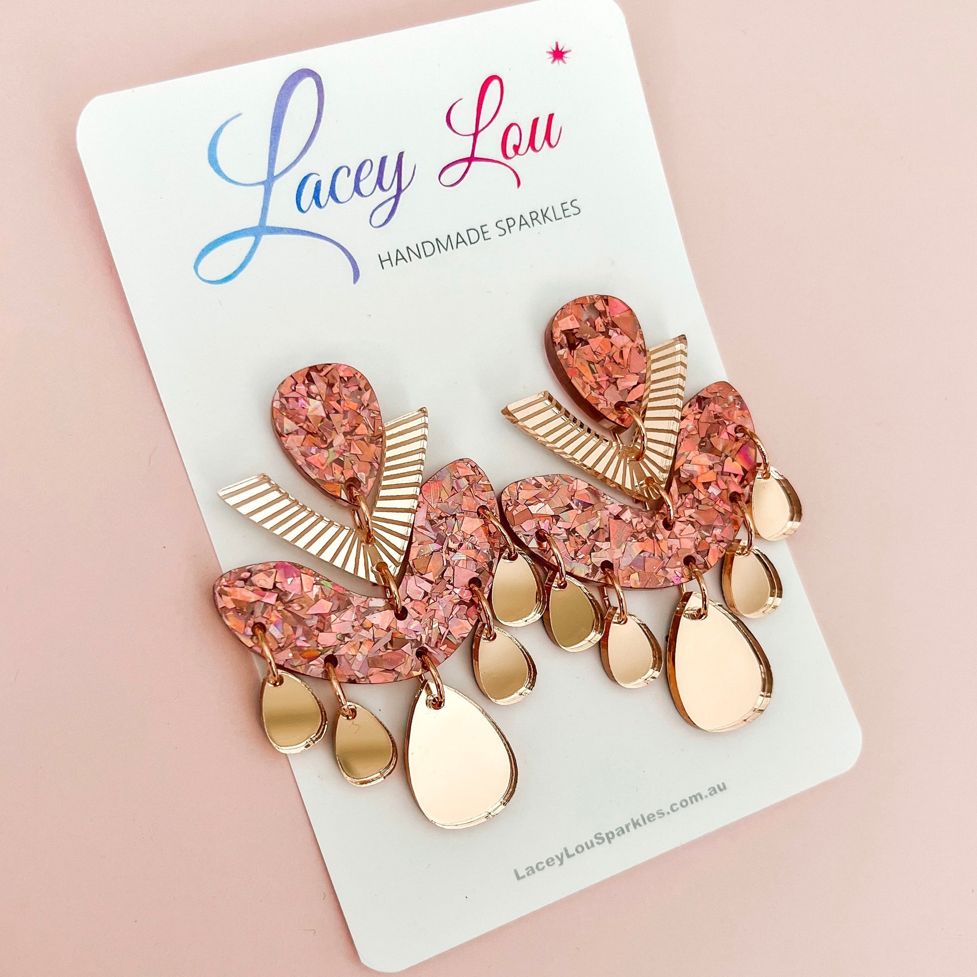 Rose Gold Chandelier Dangles - Statement Acrylic Earrings - Lacey Lou Sparkles