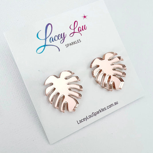 Rose Gold Mirror Monstera Acrylic Studs - Lacey Lou Sparkles