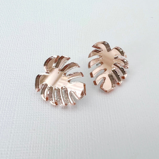 Rose Gold Mirror Monstera Acrylic Studs - Lacey Lou Sparkles