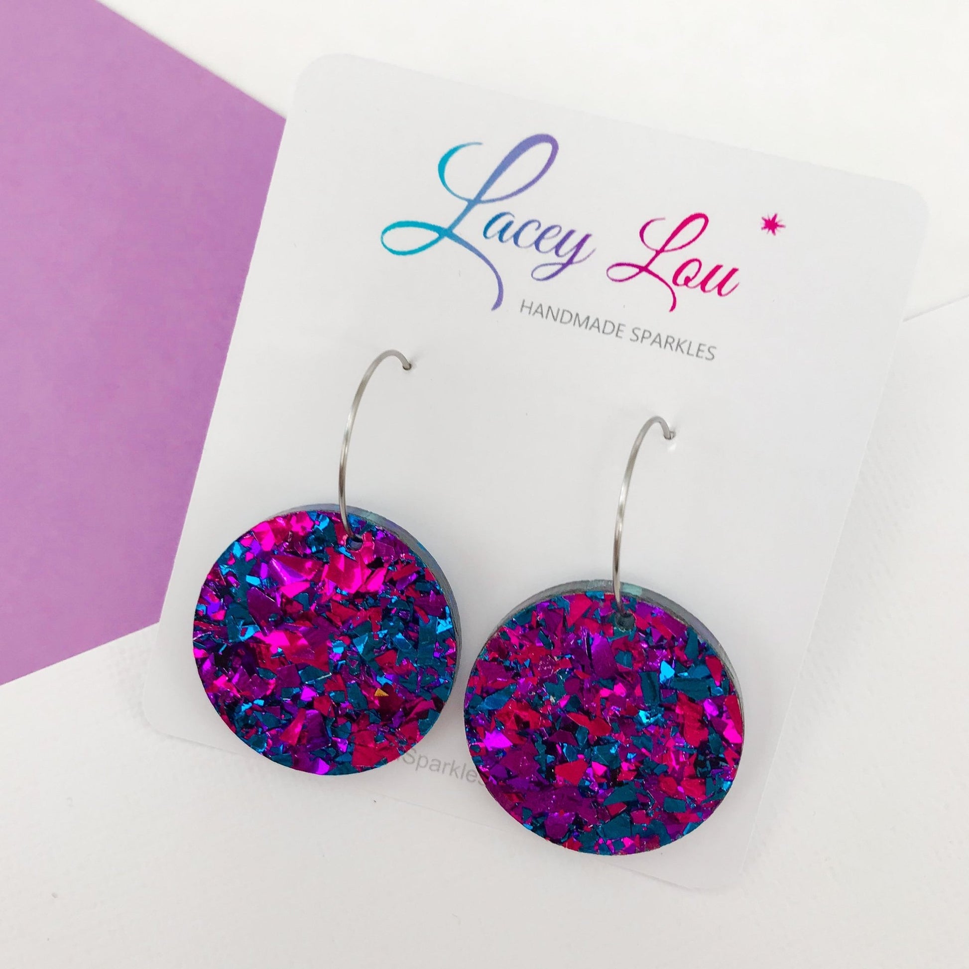 Round Midnight Blue Glitter Hoop Earrings - Lacey Lou Sparkles