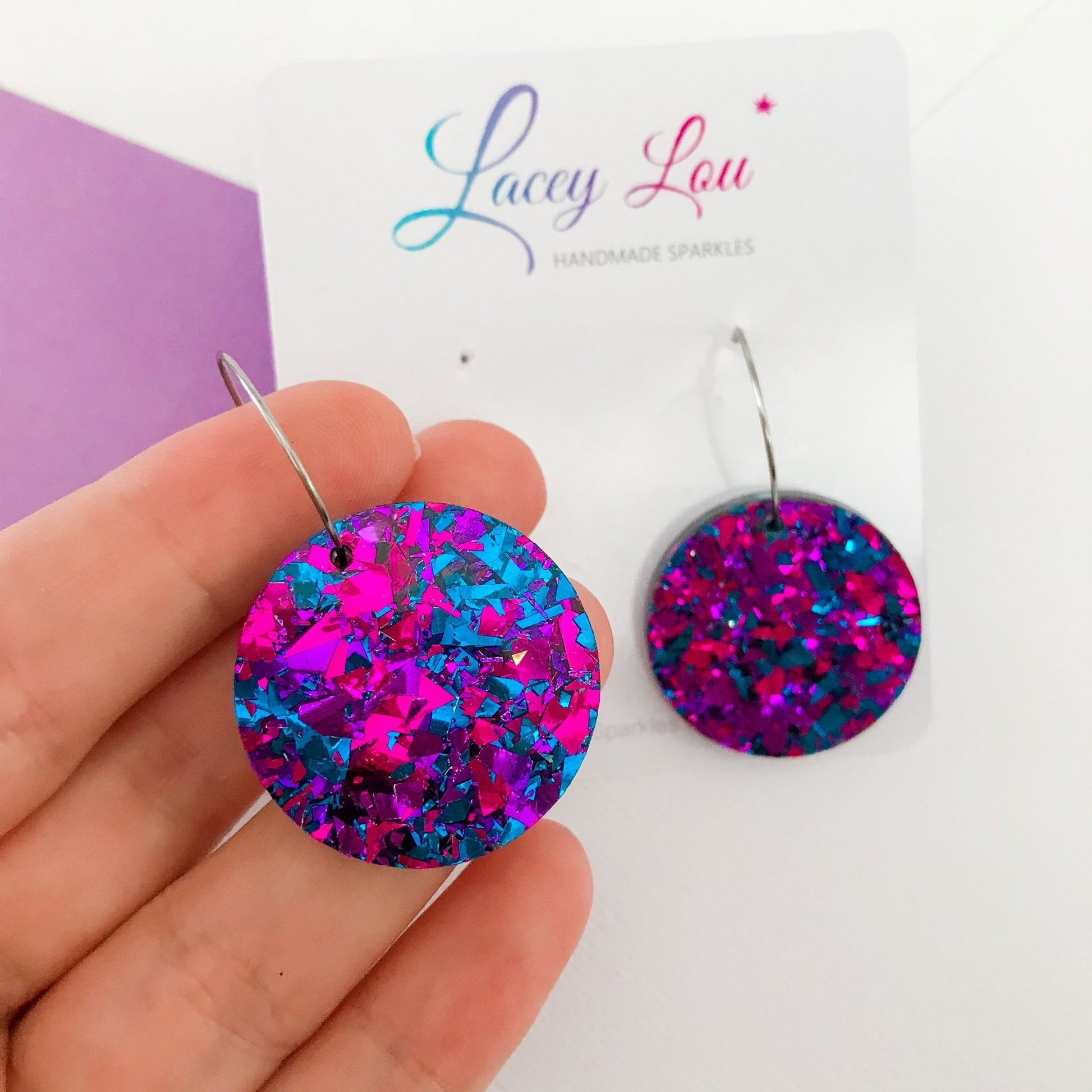 Round Midnight Blue Glitter Hoop Earrings - Lacey Lou Sparkles