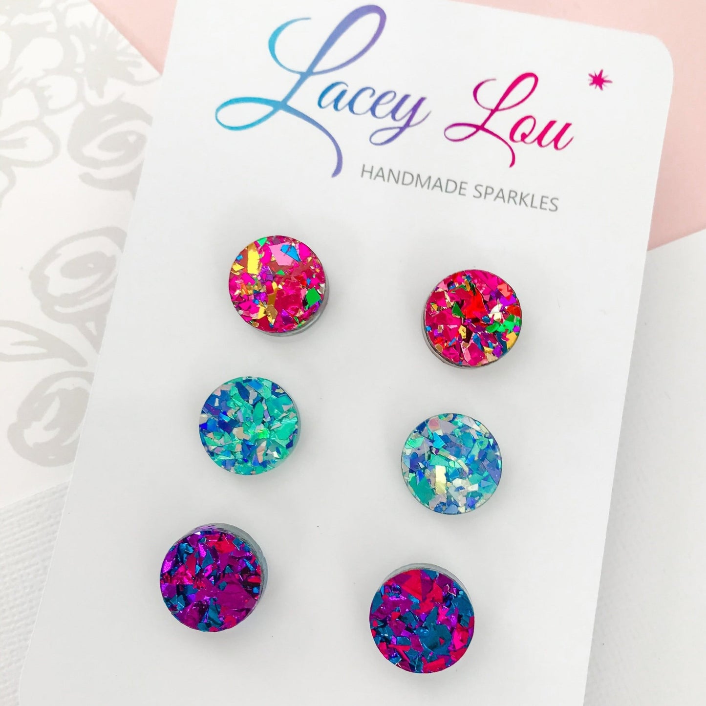Round Multicolour 15mm Glitter Acrylic Stud Set - Lacey Lou Sparkles