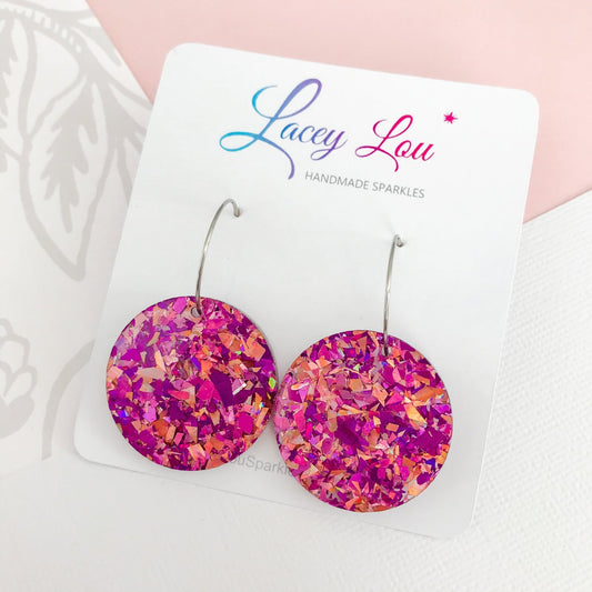 Round Unicorn Pink Glitter Hoop Earrings - Lacey Lou Sparkles