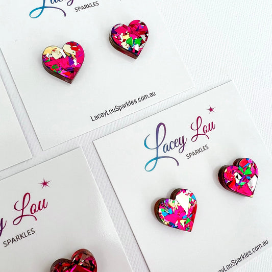 *SECONDS* Rainbow Shard Glitter Heart Studs - 15mm Small Round Acrylic Studs - Lacey Lou Sparkles