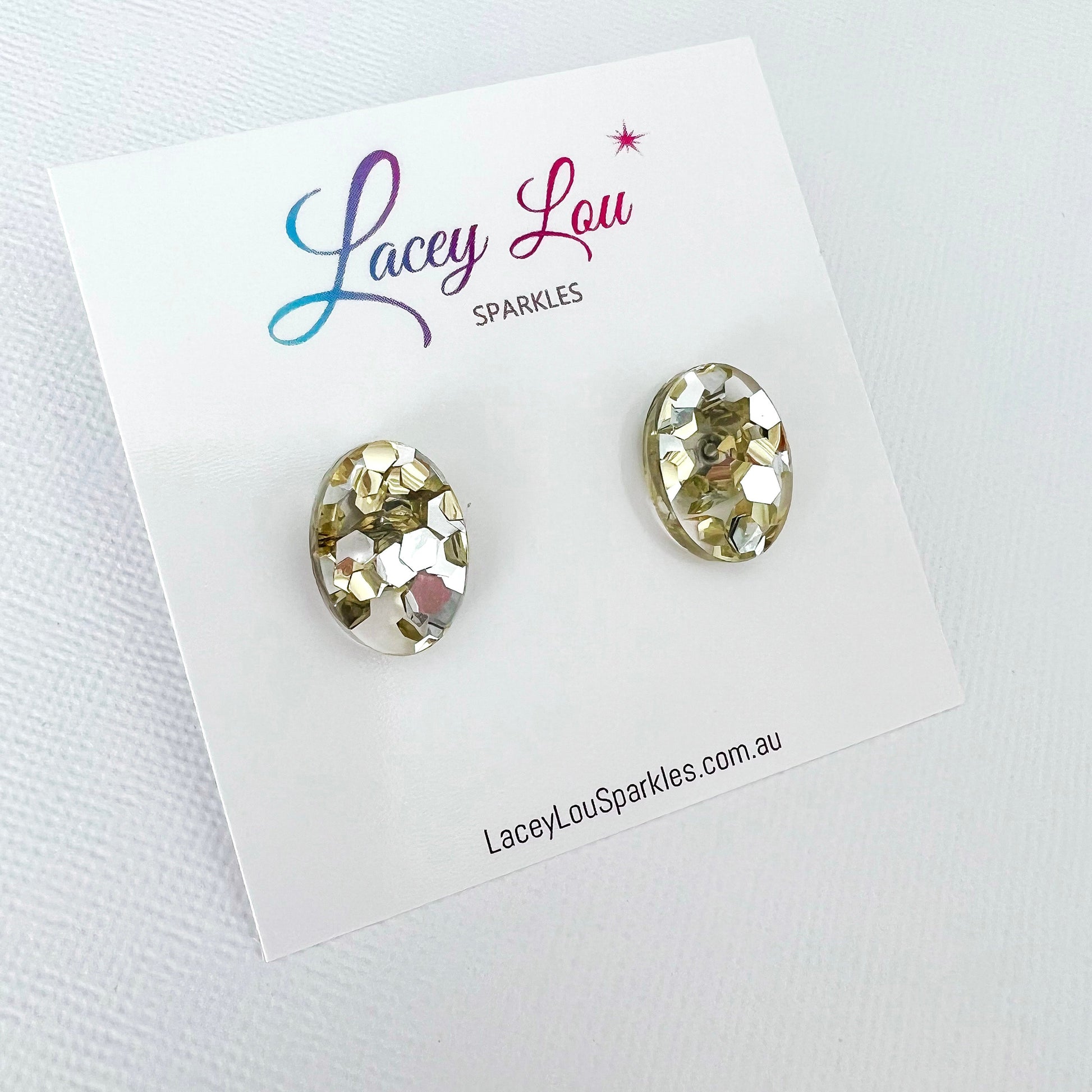 *SECONDS* Small Oval Acrylic Studs (16mm) - Gold & Silver Chunky Glitter - Lacey Lou Sparkles