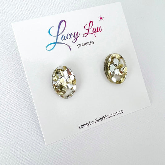 *SECONDS* Small Oval Acrylic Studs (16mm) - Gold & Silver Chunky Glitter - Lacey Lou Sparkles