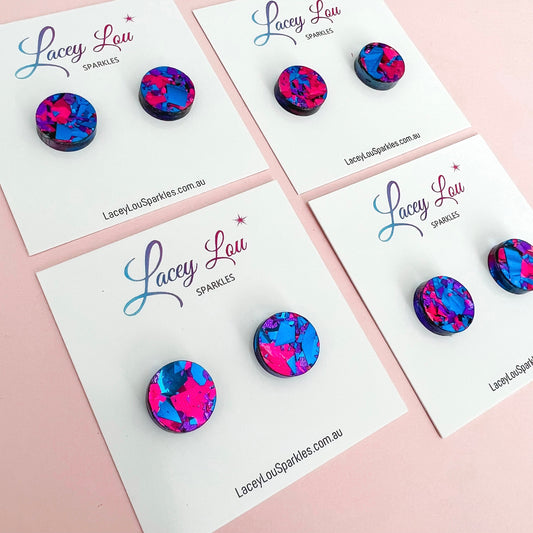 *SECONDS* Small Round Acrylic Studs (15mm) - Midnight Blue Shard Glitter - Lacey Lou Sparkles