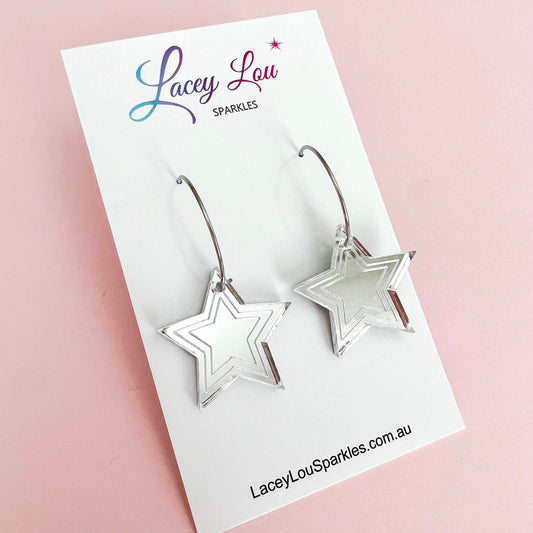 Silver Star Hoops - Acrylic Dangle - Lacey Lou Sparkles