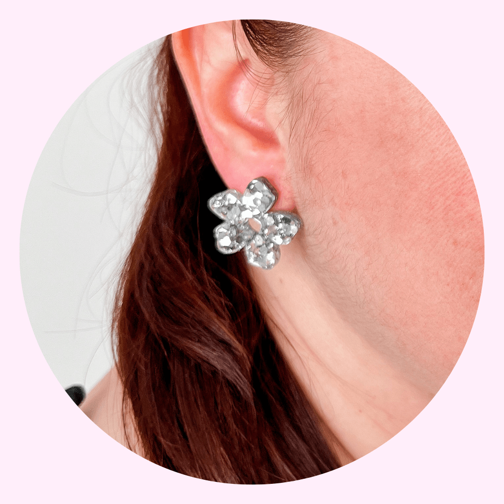 Small Acrylic Flower Studs - Rose Glitter - Lacey Lou Sparkles